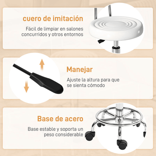 HOMCOM Banco Giratório com Rodas e Encosto Banco de Trabalho com Altura Ajustável 70-86 cm Banco Estofado em Couro Sintético Branco