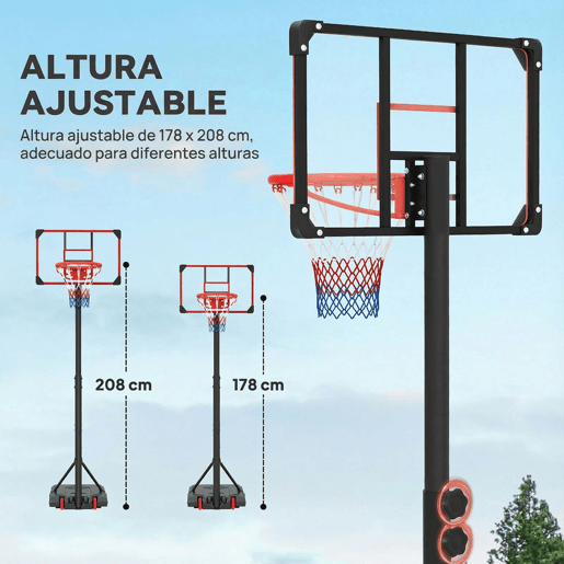 SPORTNOEW Tabela de Basquetebol com Altura Ajustável 178-208 cm Rodas Cesta de Basquetebol para Crianças acima de 6 Anos com Base Recarregável para Exterior 75x56x210-240 cm Vermelho e Preto