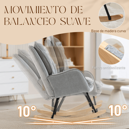 HOMCOM Poltrona Baloiço Estofada em Chenilla Cadeira Baloiço com Pés de Madeira de Faia e Apoio para os Braços para Lactância Carga 120 kg para Dormitório Sala de Estar 71x98,5x97 cm Cinzento claro