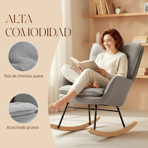 HOMCOM Poltrona Baloiço Estofada em Chenilla Cadeira Baloiço com Pés de Madeira de Faia e Apoio para os Braços para Lactância Carga 120 kg para Dormitório Sala de Estar 71x98,5x97 cm Cinzento claro