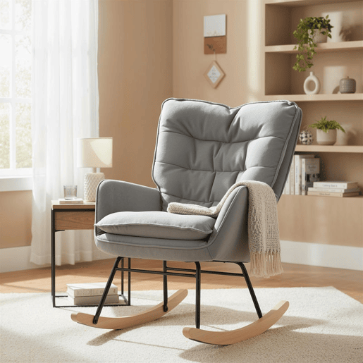 HOMCOM Poltrona Baloiço Estofada em Chenilla Cadeira Baloiço com Pés de Madeira de Faia e Apoio para os Braços para Lactância Carga 120 kg para Dormitório Sala de Estar 71x98,5x97 cm Cinzento claro