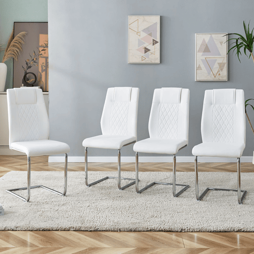 Cadeiras de sala de jantar 4 unidades - Estilo escandinavo, PU, encosto em malha, pernas metálicas antiderrapantes - Branco+Prata