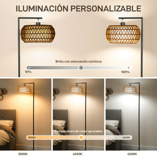 HOMCOM Candeeiro de Pé com Dupla Camada de Tela Candeeiro de Pé Bohémio com 3 Temperaturas de Cor Brilho Ajustável Controlo Remoto Interruptor de Pé Temporizador 52x33x170 cm Branco e Preto