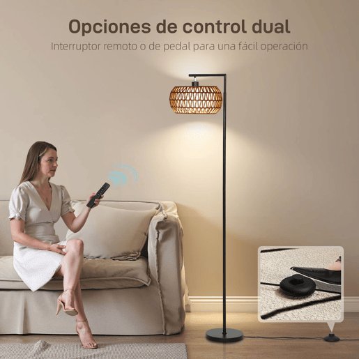 HOMCOM Candeeiro de Pé com Dupla Camada de Tela Candeeiro de Pé Bohémio com 3 Temperaturas de Cor Brilho Ajustável Controlo Remoto Interruptor de Pé Temporizador 52x33x170 cm Branco e Preto