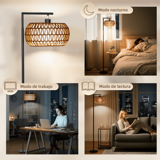HOMCOM Candeeiro de Pé com Dupla Camada de Tela Candeeiro de Pé Bohémio com 3 Temperaturas de Cor Brilho Ajustável Controlo Remoto Interruptor de Pé Temporizador 52x33x170 cm Branco e Preto