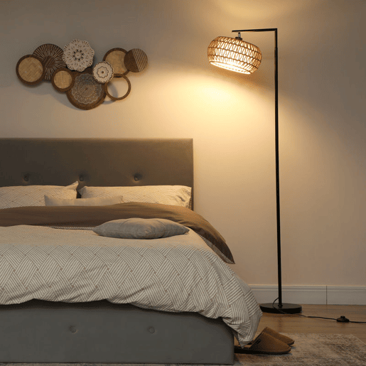 HOMCOM Candeeiro de Pé com Dupla Camada de Tela Candeeiro de Pé Bohémio com 3 Temperaturas de Cor Brilho Ajustável Controlo Remoto Interruptor de Pé Temporizador 52x33x170 cm Branco e Preto