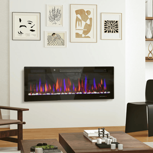 HOMCOM Lareira Elétrica Ultrafina de Parede e Embutir com Chama 3D Lareira Decorativa BrilhoVelocidade Ajustável 12 Cores Pedras 9001800W Temporizador Termóstato Controlo Remoto