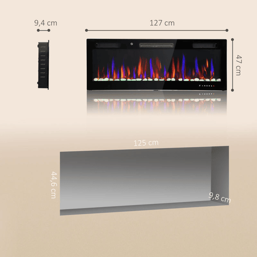 HOMCOM Lareira Elétrica Ultrafina de Parede e Embutir com Chama 3D Lareira Decorativa BrilhoVelocidade Ajustável 12 Cores Pedras 9001800W Temporizador Termóstato Controlo Remoto