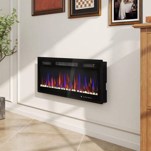 HOMCOM Lareira Elétrica Ultrafina de Parede e Embutir com Chama 3D Lareira Decorativa BrilhoVelocidade Ajustável 12 Cores Pedras 9001800W Temporizador Termóstato Controlo Remoto