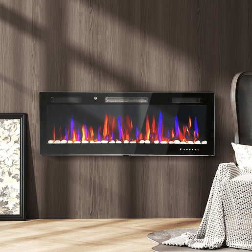 HOMCOM Lareira Elétrica Ultrafina de Parede e Embutir com Chama 3D Lareira Decorativa BrilhoVelocidade Ajustável 12 Cores Pedras 9001800W Temporizador Termóstato Controlo Remoto