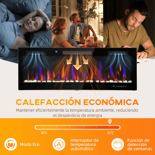 HOMCOM Lareira Elétrica Ultrafina de Parede e Embutir com Chama 3D Lareira Decorativa BrilhoVelocidade Ajustável 12 Cores Pedras 9001800W Temporizador Termóstato Controlo Remoto