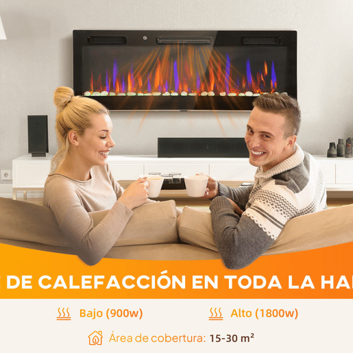 HOMCOM Lareira Elétrica Ultrafina de Parede e Embutir com Chama 3D Lareira Decorativa BrilhoVelocidade Ajustável 12 Cores Pedras 9001800W Temporizador Termóstato Controlo Remoto