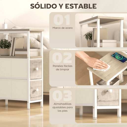 HOMCOM Conjunto de 2 Mesas Auxiliares com Tomada Mesas Auxiliares Estreitas com Tomada AC Porta USB Porta USB-C 2 Gavetas de Tecido Prateleira Aberta para Sala de Estar Quarto Madeira e Branco