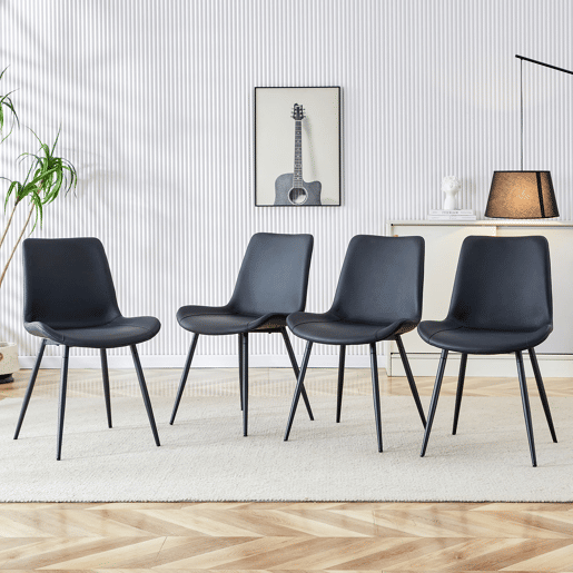 Cadeiras de sala de jantar 4 unidades - modernas, assento largo com encosto, PU e estrutura metálica - Preto