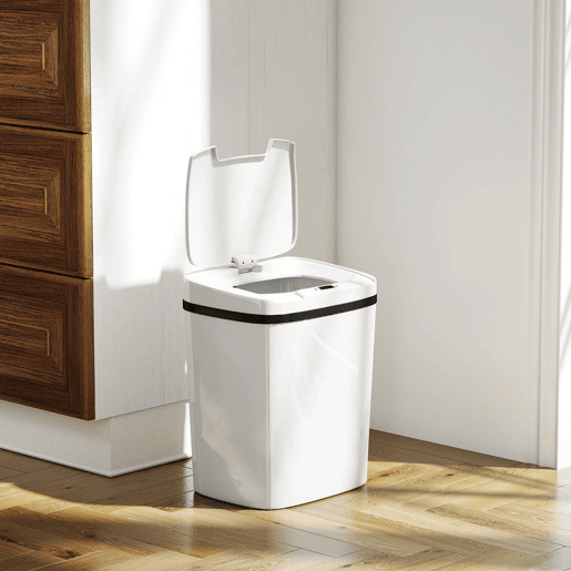 HOMCOM Balde de Lixo Automático 15L Papeleira de Cozinha com Sensor Infravermelhos e Modo Manual Anel de Retenção Antimarcas, para Escritório Casa 27,6x21,4x33,5 cm Branco