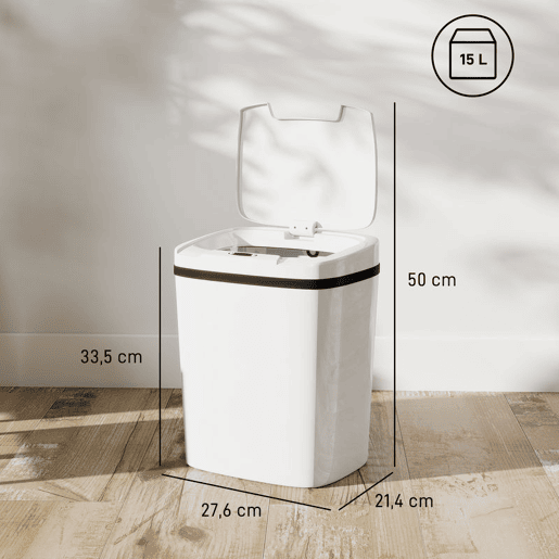 HOMCOM Balde de Lixo Automático 15L Papeleira de Cozinha com Sensor Infravermelhos e Modo Manual Anel de Retenção Antimarcas, para Escritório Casa 27,6x21,4x33,5 cm Branco