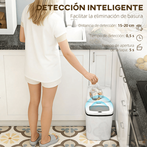 HOMCOM Balde de Lixo Automático 15L Papeleira de Cozinha com Sensor Infravermelhos e Modo Manual Anel de Retenção Antimarcas, para Escritório Casa 27,6x21,4x33,5 cm Branco