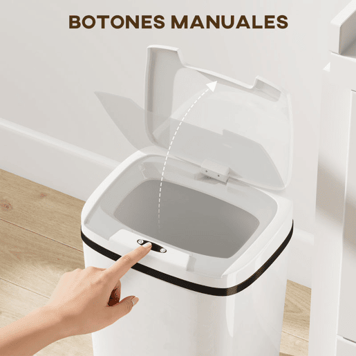HOMCOM Balde de Lixo Automático 15L Papeleira de Cozinha com Sensor Infravermelhos e Modo Manual Anel de Retenção Antimarcas, para Escritório Casa 27,6x21,4x33,5 cm Branco