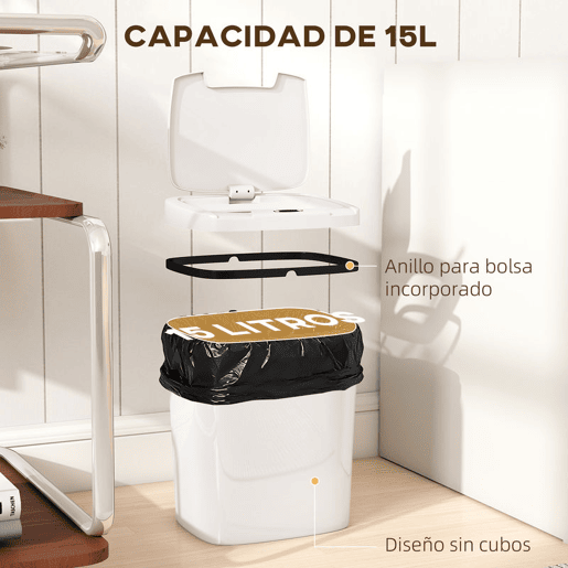 HOMCOM Balde de Lixo Automático 15L Papeleira de Cozinha com Sensor Infravermelhos e Modo Manual Anel de Retenção Antimarcas, para Escritório Casa 27,6x21,4x33,5 cm Branco