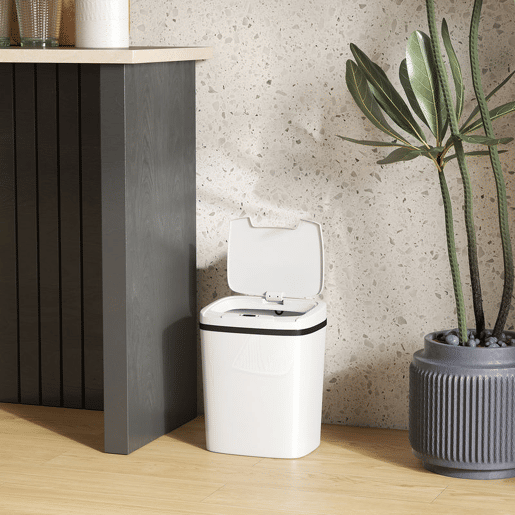 HOMCOM Balde de Lixo Automático 15L Papeleira de Cozinha com Sensor Infravermelhos e Modo Manual Anel de Retenção Antimarcas, para Escritório Casa 27,6x21,4x33,5 cm Branco