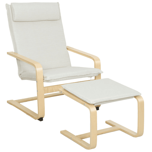 HOMCOM Poltrona com Otomano Poltrona de Leitura com Encosto Alto Apoio de Cabeça Removível Pernas de Madeira e Estofado em Linho Poltrona para Sala de Estar Quarto Escritório 67x78x92 cm Creme