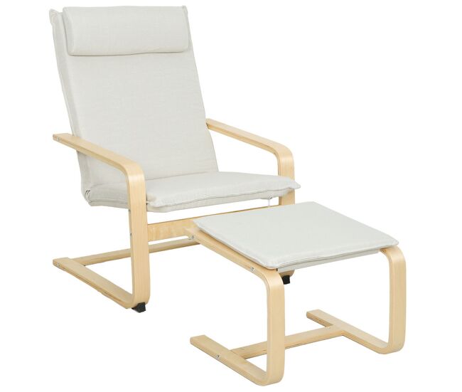 Homcom sillón con reposapiés sillón lectura con respaldo alto reposacabezas extraíble patas de madera y tapizado en lino butaca para salón dormitorio oficina crema