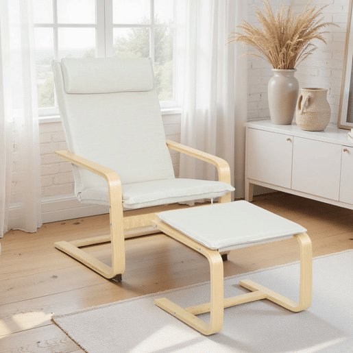 HOMCOM Poltrona com Otomano Poltrona de Leitura com Encosto Alto Apoio de Cabeça Removível Pernas de Madeira e Estofado em Linho Poltrona para Sala de Estar Quarto Escritório 67x78x92 cm Creme