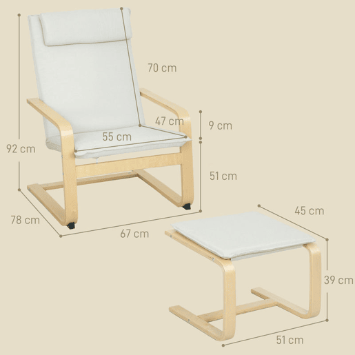 HOMCOM Poltrona com Otomano Poltrona de Leitura com Encosto Alto Apoio de Cabeça Removível Pernas de Madeira e Estofado em Linho Poltrona para Sala de Estar Quarto Escritório 67x78x92 cm Creme