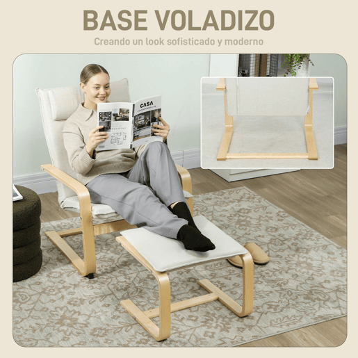 HOMCOM Poltrona com Otomano Poltrona de Leitura com Encosto Alto Apoio de Cabeça Removível Pernas de Madeira e Estofado em Linho Poltrona para Sala de Estar Quarto Escritório 67x78x92 cm Creme