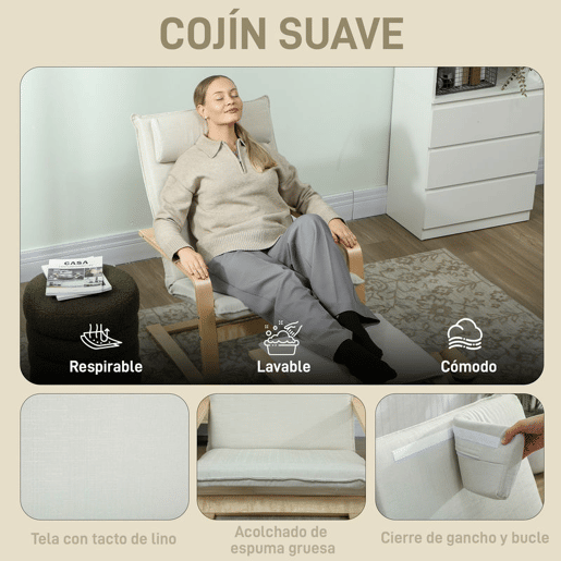 HOMCOM Poltrona com Otomano Poltrona de Leitura com Encosto Alto Apoio de Cabeça Removível Pernas de Madeira e Estofado em Linho Poltrona para Sala de Estar Quarto Escritório 67x78x92 cm Creme