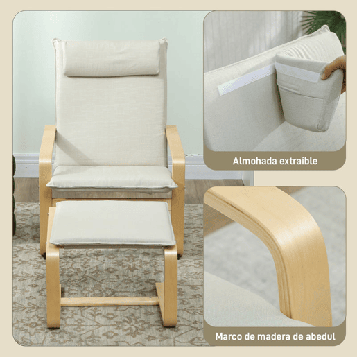 HOMCOM Poltrona com Otomano Poltrona de Leitura com Encosto Alto Apoio de Cabeça Removível Pernas de Madeira e Estofado em Linho Poltrona para Sala de Estar Quarto Escritório 67x78x92 cm Creme