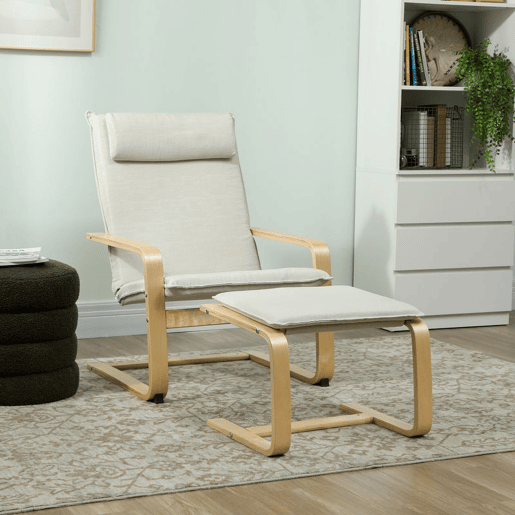 HOMCOM Poltrona com Otomano Poltrona de Leitura com Encosto Alto Apoio de Cabeça Removível Pernas de Madeira e Estofado em Linho Poltrona para Sala de Estar Quarto Escritório 67x78x92 cm Creme