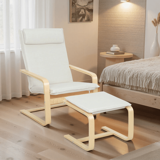 HOMCOM Poltrona com Otomano Poltrona de Leitura com Encosto Alto Apoio de Cabeça Removível Pernas de Madeira e Estofado em Linho Poltrona para Sala de Estar Quarto Escritório 67x78x92 cm Creme