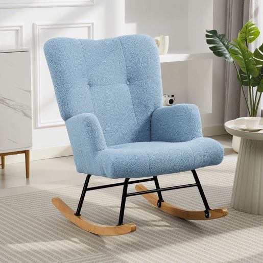 HOMCOM Poltrona Baloiço em Borrego Poltrona para Amamentação com Encosto Capitonê e Base de Madeira de Borracha Carga 120 kg Poltrona para Sala de Estar Dormitório 65x88x87 cm Azul Claro