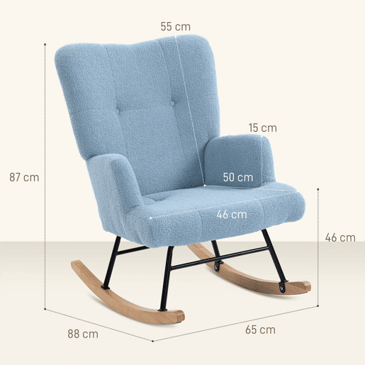 HOMCOM Poltrona Baloiço em Borrego Poltrona para Amamentação com Encosto Capitonê e Base de Madeira de Borracha Carga 120 kg Poltrona para Sala de Estar Dormitório 65x88x87 cm Azul Claro