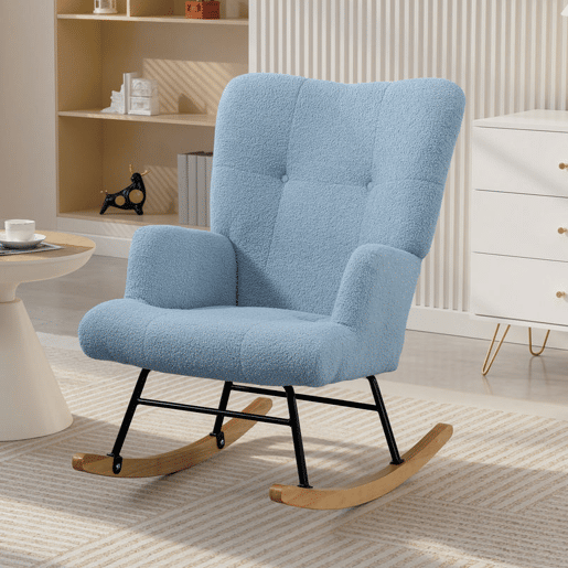 HOMCOM Poltrona Baloiço em Borrego Poltrona para Amamentação com Encosto Capitonê e Base de Madeira de Borracha Carga 120 kg Poltrona para Sala de Estar Dormitório 65x88x87 cm Azul Claro
