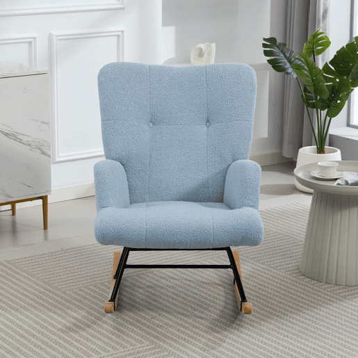 HOMCOM Poltrona Baloiço em Borrego Poltrona para Amamentação com Encosto Capitonê e Base de Madeira de Borracha Carga 120 kg Poltrona para Sala de Estar Dormitório 65x88x87 cm Azul Claro