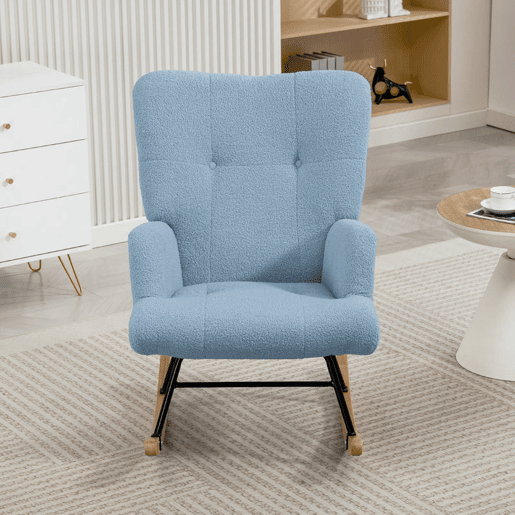 HOMCOM Poltrona Baloiço em Borrego Poltrona para Amamentação com Encosto Capitonê e Base de Madeira de Borracha Carga 120 kg Poltrona para Sala de Estar Dormitório 65x88x87 cm Azul Claro