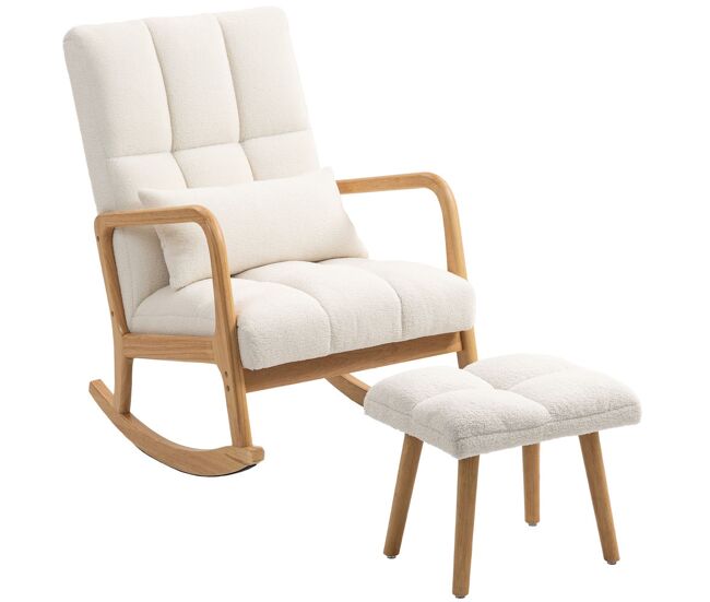 Homcom silla mecedora con reposapiés, sillón de relax tapizado en bouclé con cojín acolchado, respaldo ergonómico, reposabrazos y patas de madera,