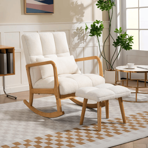 HOMCOM Poltrona de Baloiço com Apoio para os Pés Cadeirão de Relax Estofado em Bouclé com Almofada Acolchoada Encosto Ergonómico Apoios de Braços e Pés de Madeira Capacidade 120 kg 64,5x82x89 cm Branco
