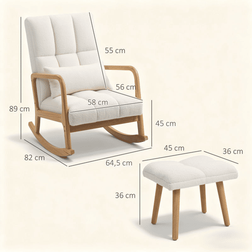 HOMCOM Poltrona de Baloiço com Apoio para os Pés Cadeirão de Relax Estofado em Bouclé com Almofada Acolchoada Encosto Ergonómico Apoios de Braços e Pés de Madeira Capacidade 120 kg 64,5x82x89 cm Branco