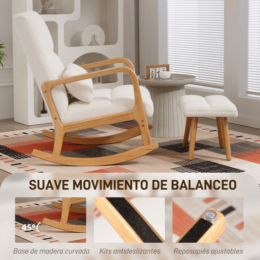 HOMCOM Poltrona de Baloiço com Apoio para os Pés Cadeirão de Relax Estofado em Bouclé com Almofada Acolchoada Encosto Ergonómico Apoios de Braços e Pés de Madeira Capacidade 120 kg 64,5x82x89 cm Branco