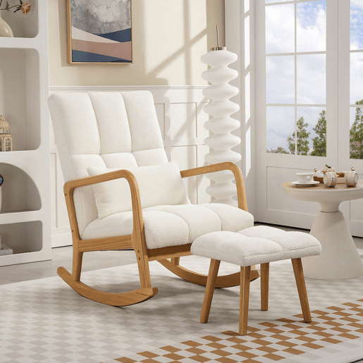 HOMCOM Poltrona de Baloiço com Apoio para os Pés Cadeirão de Relax Estofado em Bouclé com Almofada Acolchoada Encosto Ergonómico Apoios de Braços e Pés de Madeira Capacidade 120 kg 64,5x82x89 cm Branco