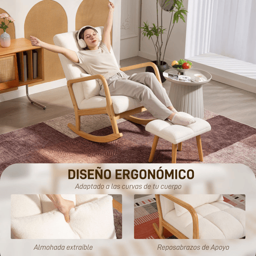 HOMCOM Poltrona de Baloiço com Apoio para os Pés Cadeirão de Relax Estofado em Bouclé com Almofada Acolchoada Encosto Ergonómico Apoios de Braços e Pés de Madeira Capacidade 120 kg 64,5x82x89 cm Branco