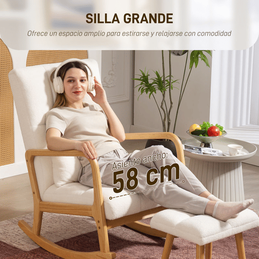 HOMCOM Poltrona de Baloiço com Apoio para os Pés Cadeirão de Relax Estofado em Bouclé com Almofada Acolchoada Encosto Ergonómico Apoios de Braços e Pés de Madeira Capacidade 120 kg 64,5x82x89 cm Branco