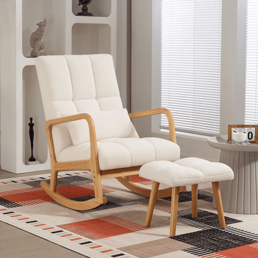 HOMCOM Poltrona de Baloiço com Apoio para os Pés Cadeirão de Relax Estofado em Bouclé com Almofada Acolchoada Encosto Ergonómico Apoios de Braços e Pés de Madeira Capacidade 120 kg 64,5x82x89 cm Branco