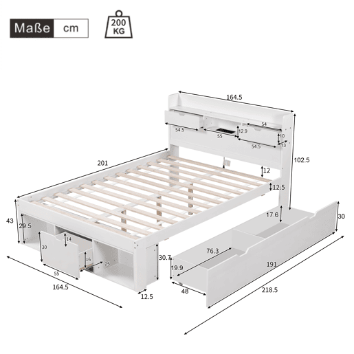 Cama juvenile,cama de casal de madeira de pinho 160x200 cm,branco