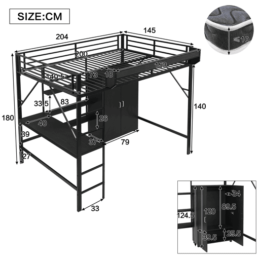 Cama alta,cama de criança,cama de casal de metal 140x200 cm,preto