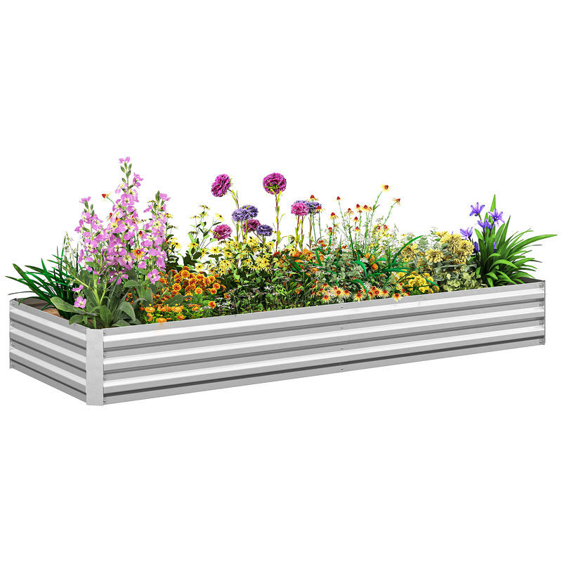 Outsunny jardinera exterior grande rectangular de acero galvanizado, huerto urbano para cultivar plantas, macetero grande exterior con base abierta, resistente a la intemperie, 241x90,5x30 cm, plata
