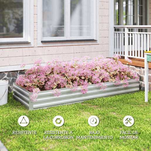 Outsunny Floreira Exterior Grande Retangular em Aço Galvanizado Horta Urbana para Cultivo de Plantas Vaso de Grande Dimensão com Fundo Aberto, Resistente às Intempéries 241x90,5x30 cm Prata